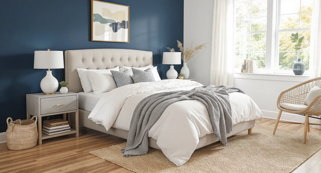 Modern cottage bedroom virtually staged with ai home design tools, featuring a painted accent wall, layered bedding, and shoppable products under $2500.