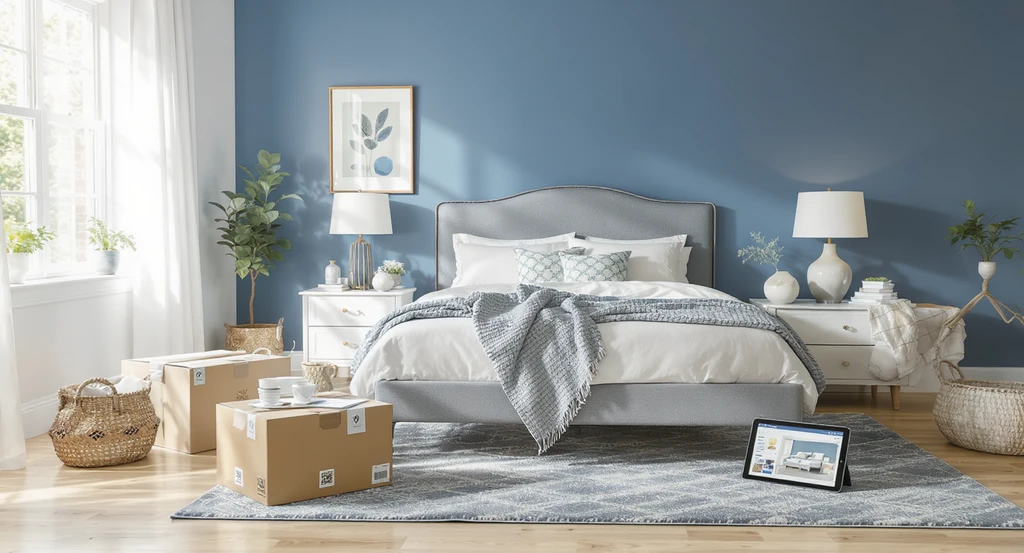 Editorial 16:9 photo of a modern cottage bedroom in progress, featuring AI-powered virtual staging with real shoppable products, a Searching Blue accent wall, and product swaps using an AI home design tool for affordable room makeovers.