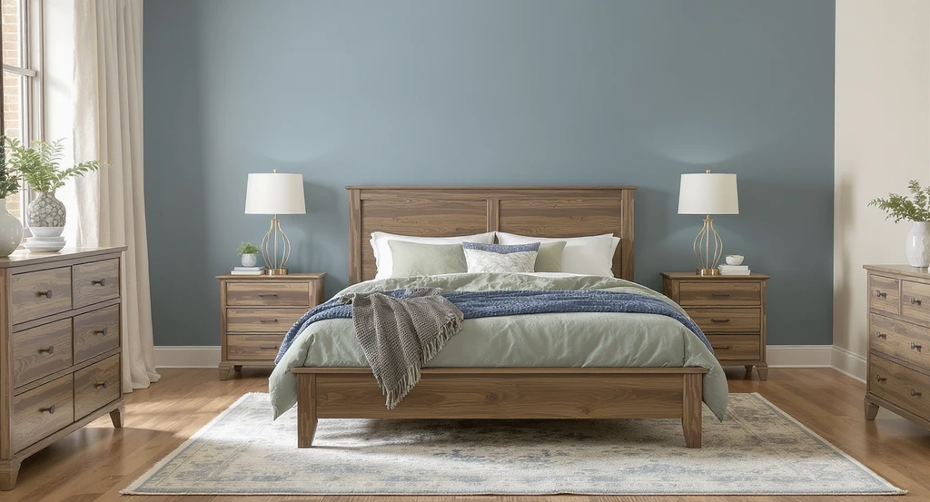 Modern cottage bedroom virtually staged with ai home design tools shows a rustic wood bed, dresser, nightstands, sage and blue bedding, accent wall, real shoppable products, and virtual staging with ai for under $2500.