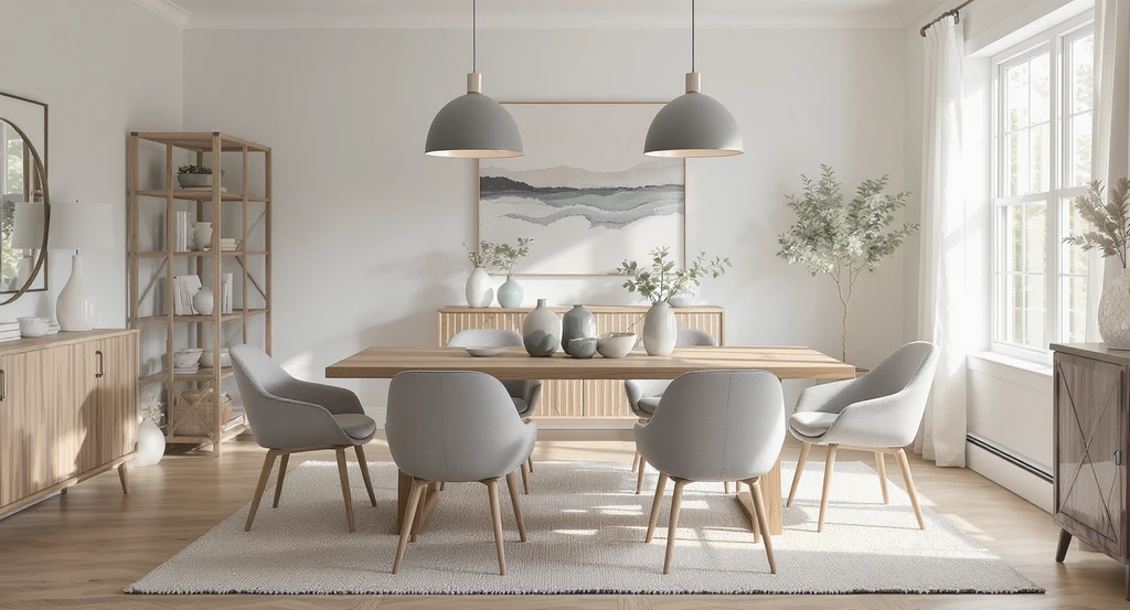 Photorealistic staged dining room created with AI interior design tools, featuring shoppable furniture, modern decor, and cozy layout on a $2,500 budget.