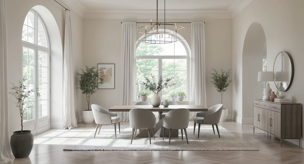 Photorealistic dining room with high arched entryways, neutral flooring, abundant natural light, minimalist decor, and transitional furniture arrangement. AI interior design tools for shoppable rooms showcased with balanced negative space and a clear visual centerpiece.