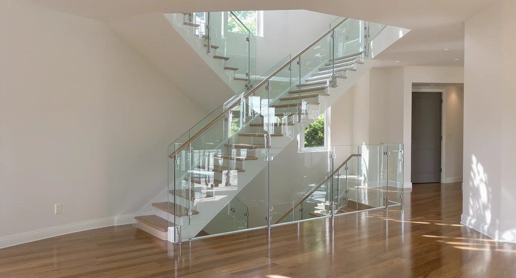 Ultra-realistic open-plan interior with a central staircase featuring secure, frameless glass railings, visualized using ai tools for modern and safe home renovation.