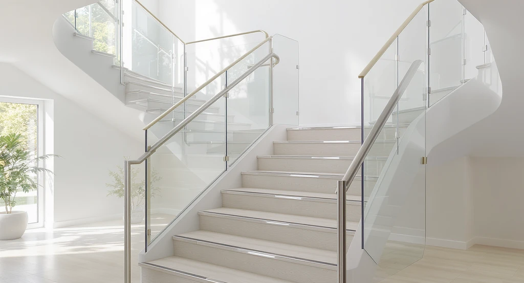 Ai visualization for glass railings shows two modern staircases—one with thin, unsafe glass panels and one with proper, safe thickness—highlighting safety standards using best ai tools for interior glass railing design and how to evaluate glass railing safety with ai.