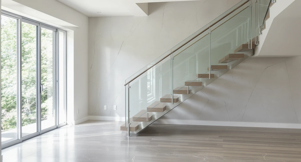 Photorealistic ai visualization for glass railings showcasing a modern open staircase with sturdy frameless glass panels, ideal for evaluating glass railing safety and exploring best ai tools for interior glass railing design in home renovation projects.