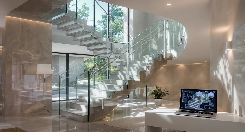 Modern staircase with floor-to-ceiling glass railings shows natural sunlight, artificial lighting effects, and an ai visualization on a laptop, illustrating virtual staging ai for evaluating glass railing design and safety.