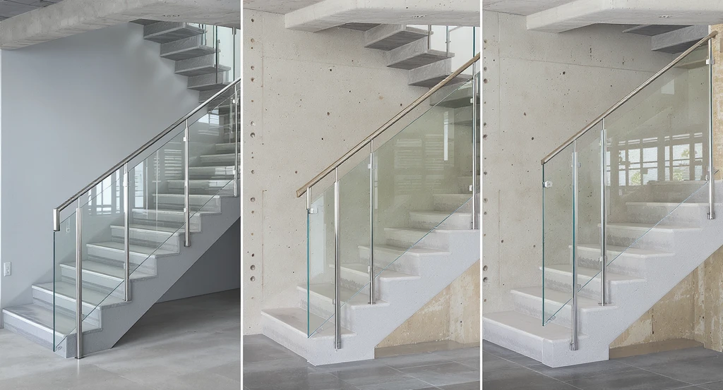 Realistic display of three glass railing mounting systems on a modern staircase, highlighting ai visualization for glass railings and virtual staging ai for modern staircases with best ai tools for interior glass railing design.