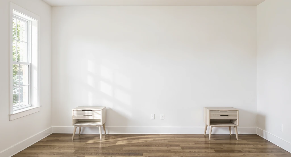 Diffused natural light fills an empty bedroom prepared for ai virtual staging, highlighting symmetrical layout, accent wall, and shoppable product zones.