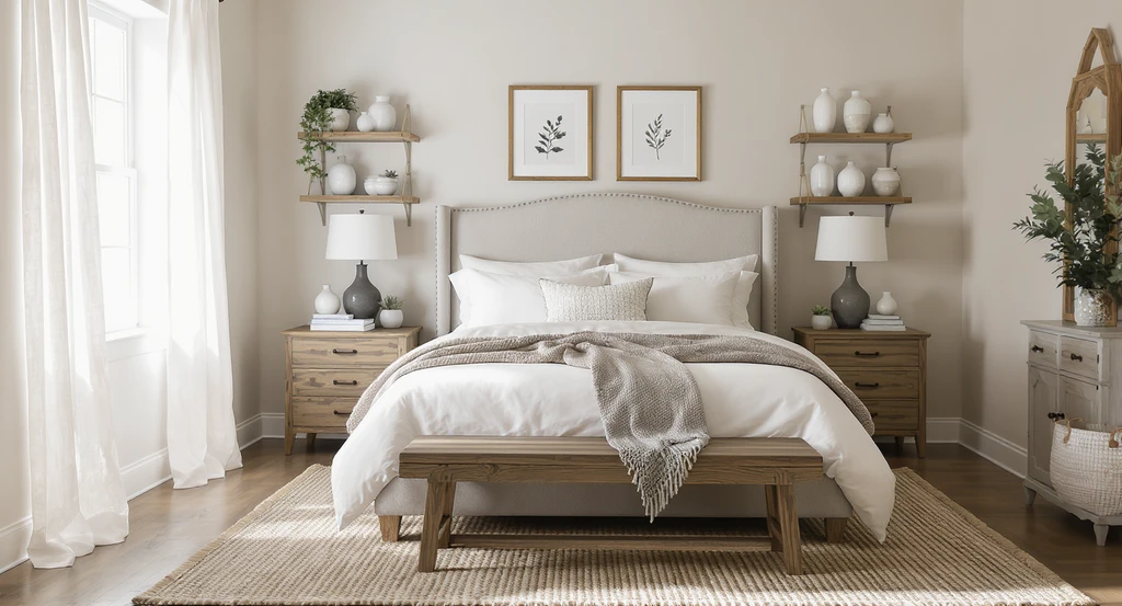 Farmhouse bedroom virtually restaged with shoppable products using ai interior design tool; natural lighting, real ai home visualization; ai virtual staging.