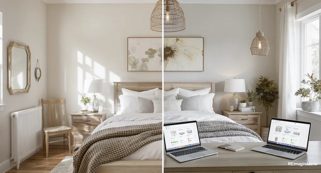 Editorial image of a farmhouse bedroom, half original and half AI-virtual staged side-by-side via AI interior design tool with real product visualization interface, clearly showing how to use AI for bedroom makeovers with shoppable products for personalizing AI room design by style, demonstrating advantages of AI home visualization platforms in real-world decor sourcing and transparency.