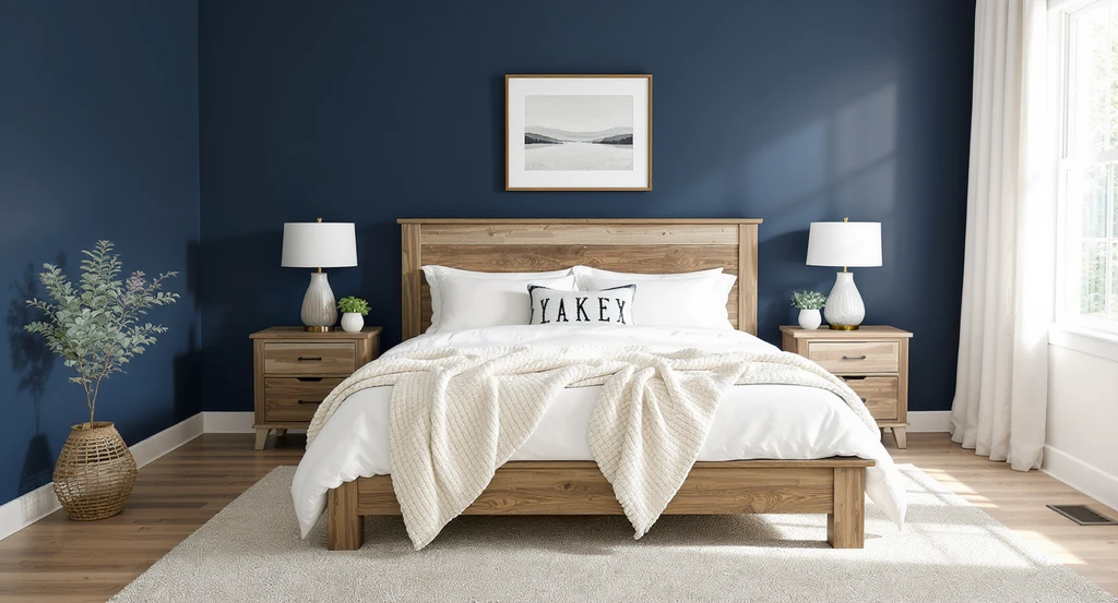 Photorealistic AI-staged bedroom using real, shoppable farmhouse decor products, blue accent wall, and budget-savvy layout. AI interior design tool with real product visualization and personalized AI room design by style.