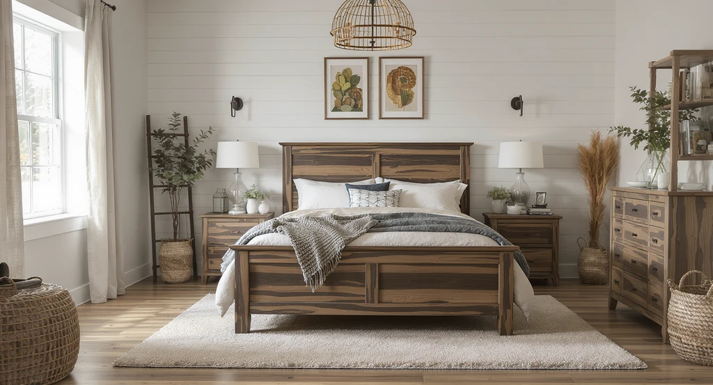 Farmhouse bedroom virtually staged with AI interior design tool, featuring real product swaps, blue accent wall, mixed bedding, and linen curtains.