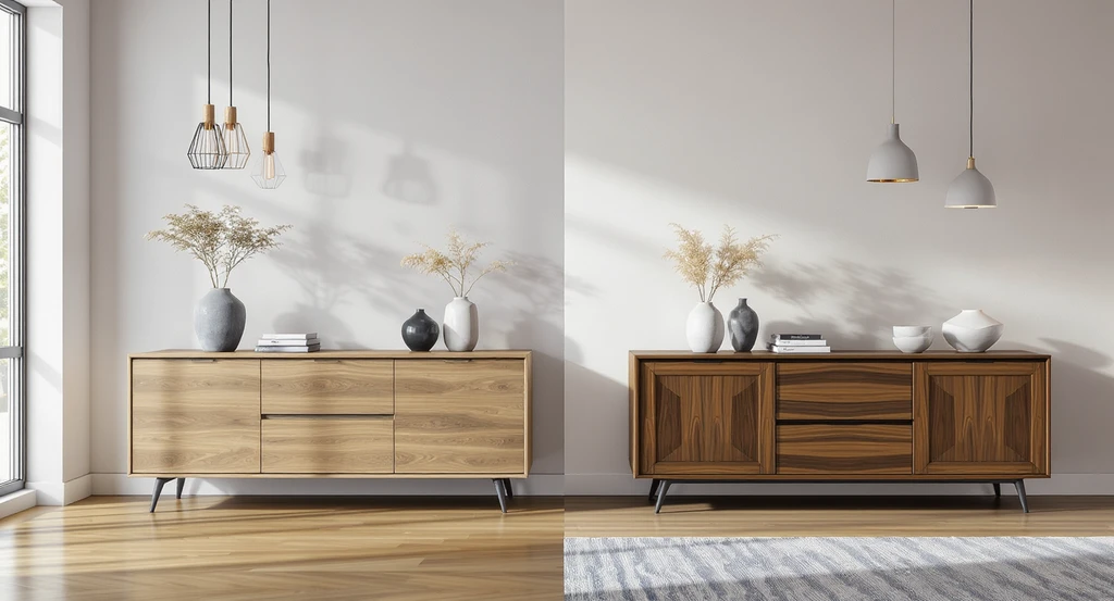 Living room with oak sideboard versus walnut sideboard and contrasting light fixtures, showing ai powered interior design visualization tool in use for customizing interior layouts with real products in ai room makeover.