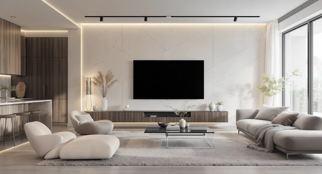 Ultra-realistic living room showcasing a 65-inch TV, acoustic wall panels, and coffee table, visualized with an ai powered interior design tool for customizing interior layouts with real products in ai room makeover.