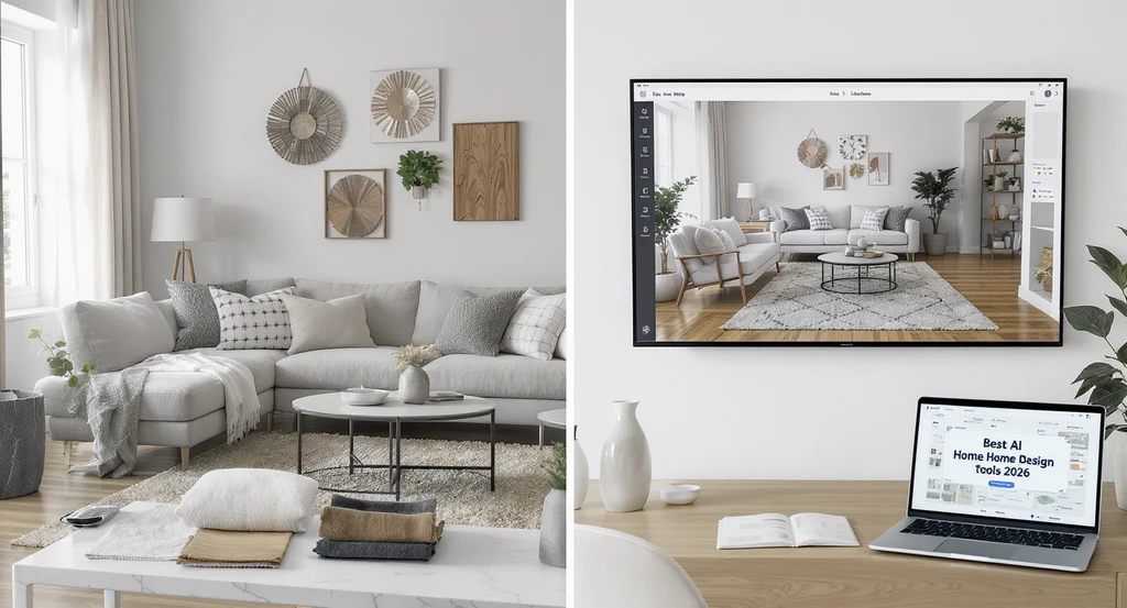 Modern living room showing a split view of real furniture and an AI-powered interior design visualization tool demonstrating how to use AI for virtual staging and customizing interior layouts with real products in a realistic room makeover. Best AI home design tools 2024 are visible on a nearby device for seamless interior planning.