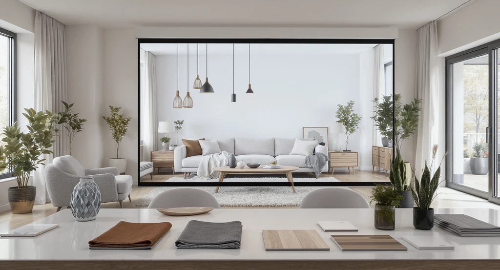Modern living room with a digital display showing real products in ai room makeover, visualizing furniture, materials, and lighting choices using the best ai home design tools 2024 to customize interior layouts before buying.