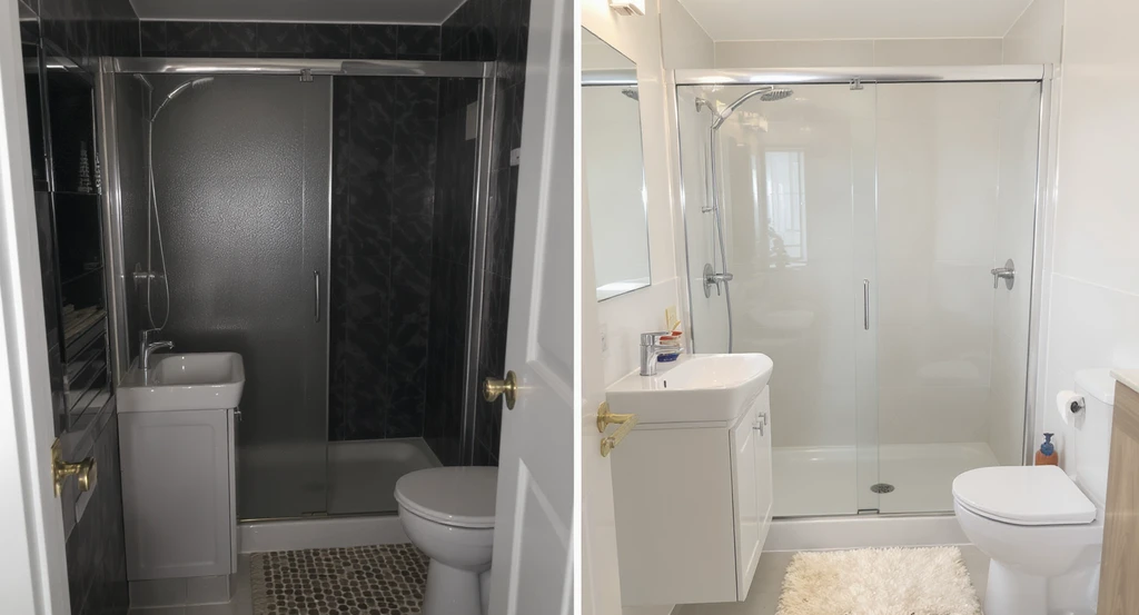 Split-screen photorealistic comparison of two small bathrooms: one with dark tiles and frosted glass appearing cramped, the other with clear glass shower doors and light walls feeling spacious. Full bathroom vs wet area remodel comparison, best ROI for Colorado bathroom renovations, cost differences full bathroom vs wet area.