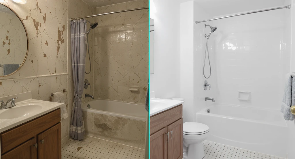 Comparative view showing full bathroom vs wet area remodel: left side features old grout stains and leaks, right side reveals modern wet area upgrade. Best ROI for Colorado bathroom renovations, how to choose between bathroom remodel types, and cost differences full bathroom vs wet area are illustrated clearly to help homeowners avoid renovation regret.