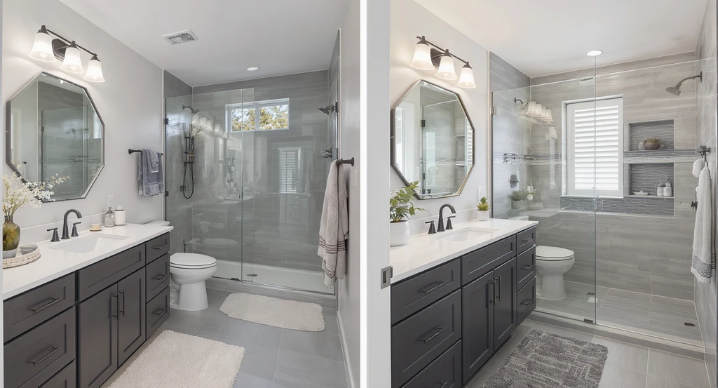 Photorealistic split-view of a modern Colorado bathroom, comparing full bathroom vs wet area remodel setups. Shows cost differences and best ROI for bathroom renovations while helping homeowners choose the right remodel type and avoid renovation regret.