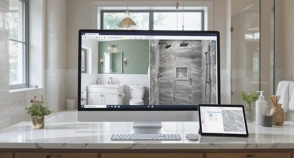 A desktop and tablet display side-by-side simulated previews of a full bathroom remodel versus a wet area update, illustrating how homeowners can use visualization tools to compare costs, ROI, and avoid renovation regret when choosing between remodel types for Colorado bathrooms.