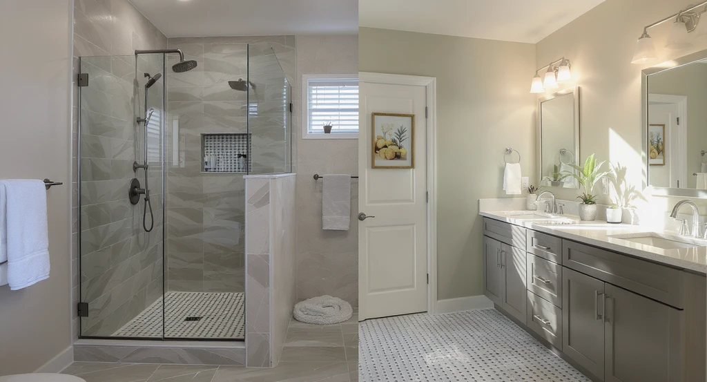 Split-level bathroom visual comparing a full bathroom remodel and a wet area update, showing scope, cost, and ROI differences for Colorado renovations.