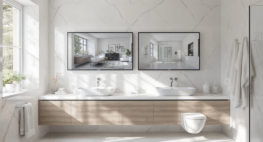Photorealistic modern bathroom displaying side-by-side visualizations of a full bathroom remodel versus a wet area remodel, highlighting how to choose between bathroom remodel types with clarity and cost differences, ensuring the best ROI for Colorado bathroom renovations while helping homeowners avoid renovation regret.