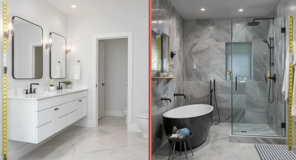 Photorealistic comparison of a full bathroom remodel versus a wet area remodel, with cost estimate papers and a digital visualization tool, illustrating how to choose between bathroom remodel types for best ROI in Colorado.
