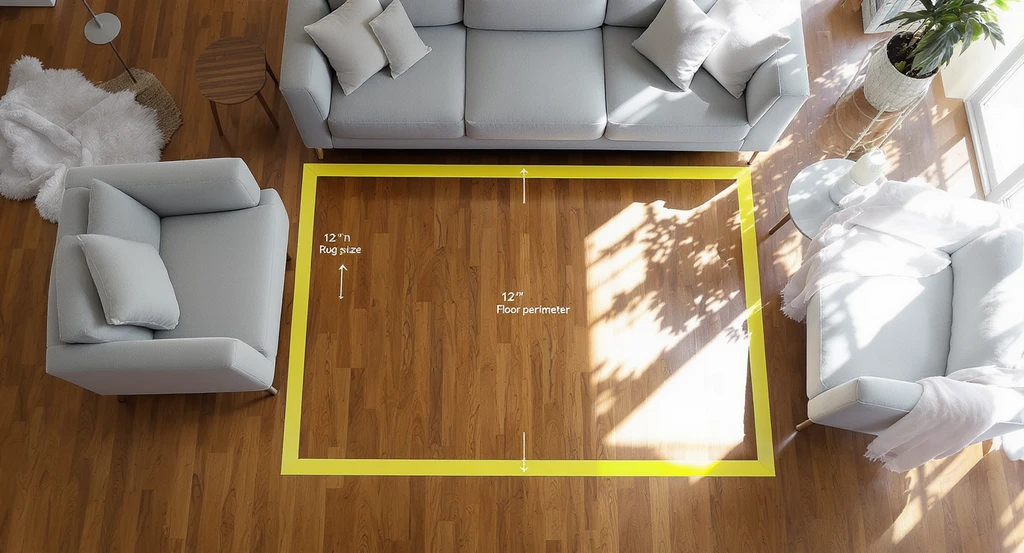 High-angle view of a living room with sectional sofa, chairs, and painter’s tape outlining rug sizes, illustrating how to choose the right rug size and avoid common sizing mistakes before buying. Shows a rug size guide for living rooms and visualizes rug impact on furniture layout.
