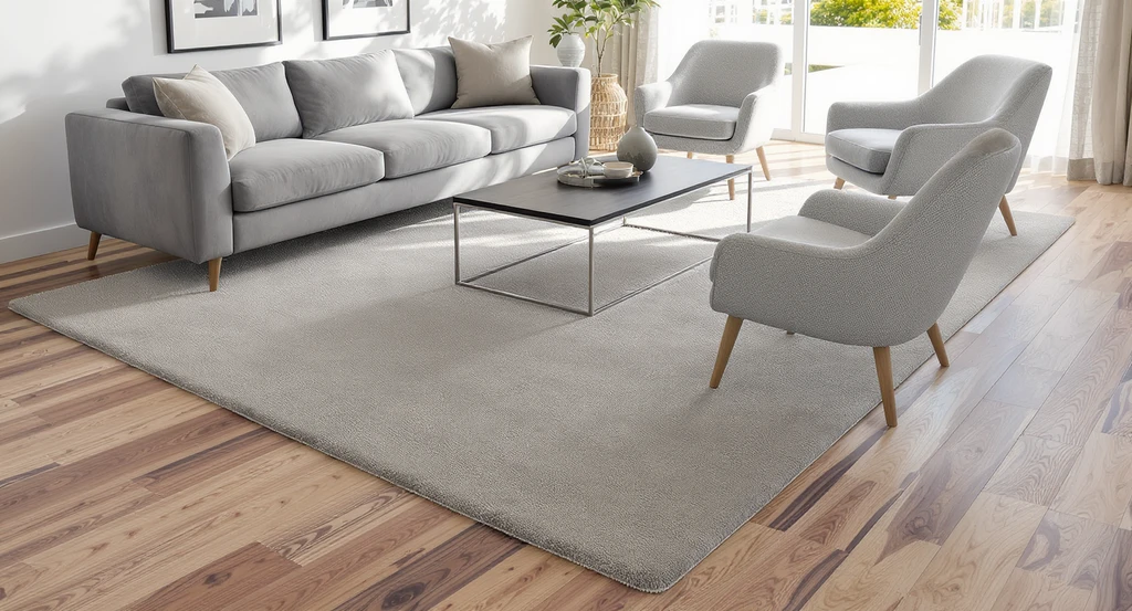 Editorial-quality living room showing how to choose the right rug size—area rug sized to anchor sofa and armchairs, illustrating a rug size guide for living rooms, and common rug sizing mistakes to avoid by demonstrating correct placement and how rugs impact furniture layout.