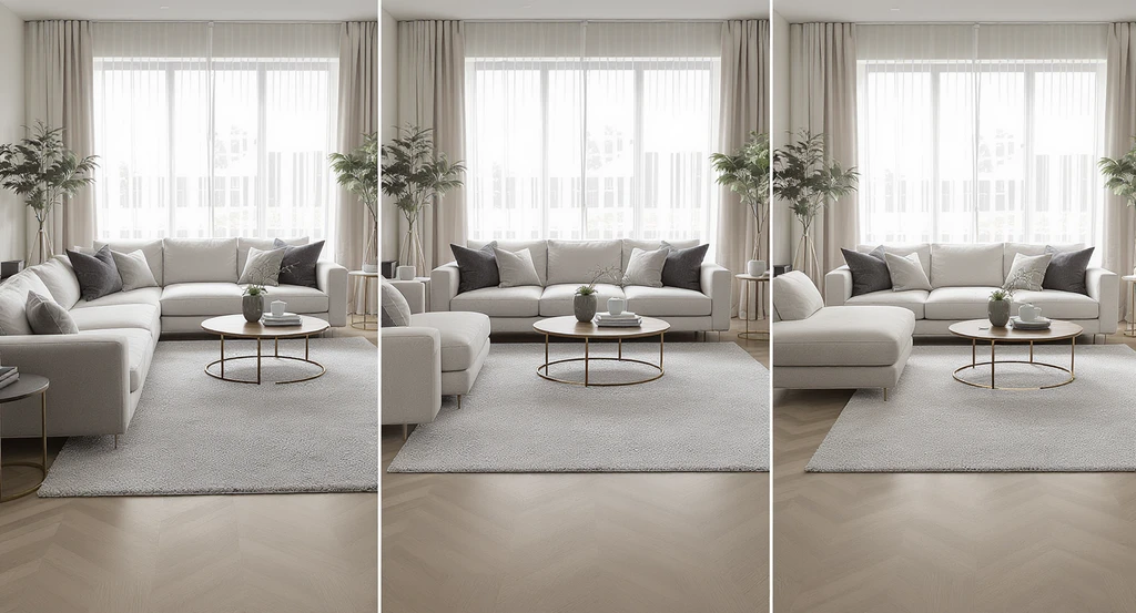 Photorealistic living room with three side-by-side seating setups, each showing a designer rule for how to choose the right rug size and avoid common rug sizing mistakes. See how rugs impact furniture layout by placing all legs on, just front legs on, or only the coffee table on the rug in this rug size guide for living rooms. Visualize rug size before buying with this clear comparison image.
