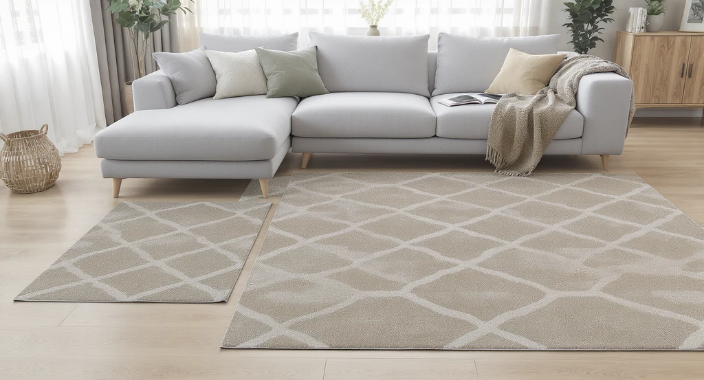 Photorealistic living room with three overlaid rug sizes visualized under furniture, showing how to choose the right rug size and avoid common rug sizing mistakes in a real space.