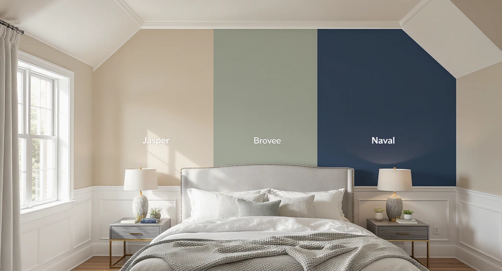 Photorealistic AI-powered bedroom makeover with vaulted ceilings, original wainscoting, and wall color experiments; highlights using reference images for AI room staging, visualizing real products in virtual staging AI, and AI design tools for restoring architectural details.