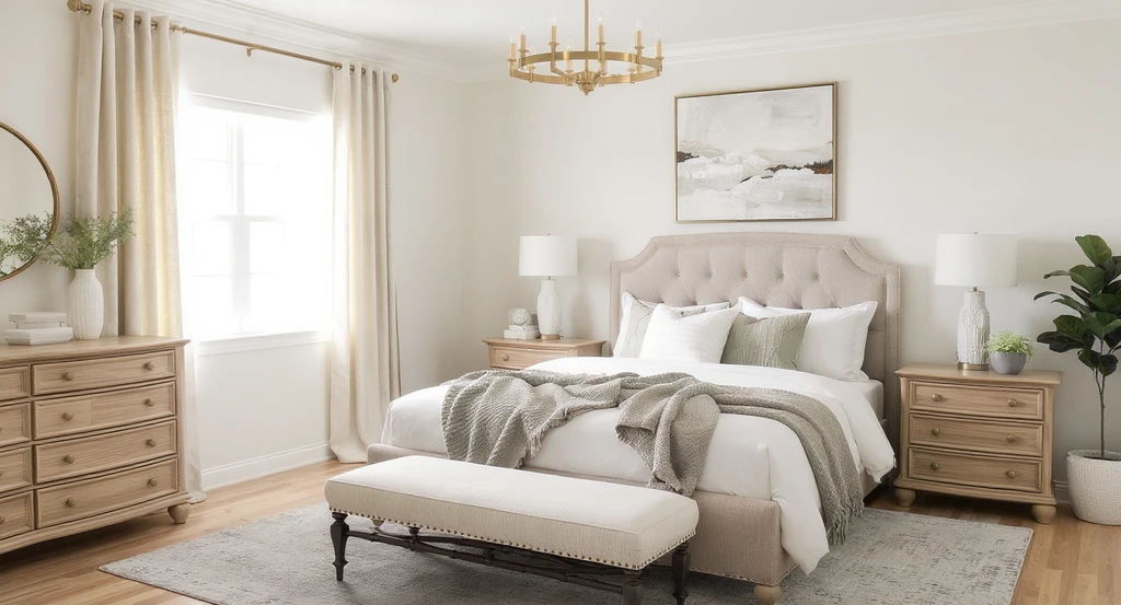 Photorealistic bedroom showing ai powered home design with shoppable products, visualizing real products in virtual staging ai, and ai interior design budget planning tips in Frisco. Room includes king bed, oak nightstands, dresser, area rug, lamps, linen curtains, chandelier, bench, and large wall art, highlighting restoring architectural details with ai design tools.