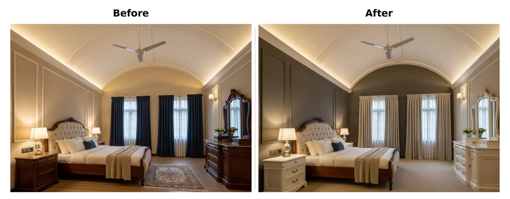 Side-by-side before-and-after of the same bedroom, updated with darker walls, lighter furniture, new curtains, and carpet flooring.