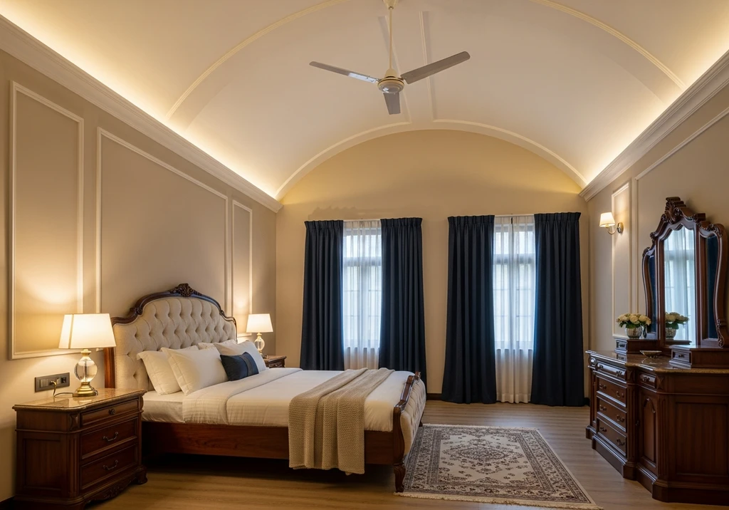 Original bedroom with arched ceiling, wood furniture, dark blue curtains, and warm bedside lamps.