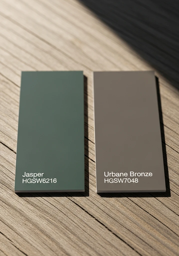 Two paint swatches on a wood surface labeled Jasper HGSW6216 and Urbane Bronze HGSW7048.