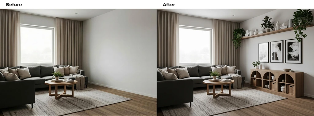 Side-by-side before-and-after living room comparison showing a blank wall transformed with a wood console, floating shelf, framed art, and greenery while keeping the same sofa, rug, and window layout.