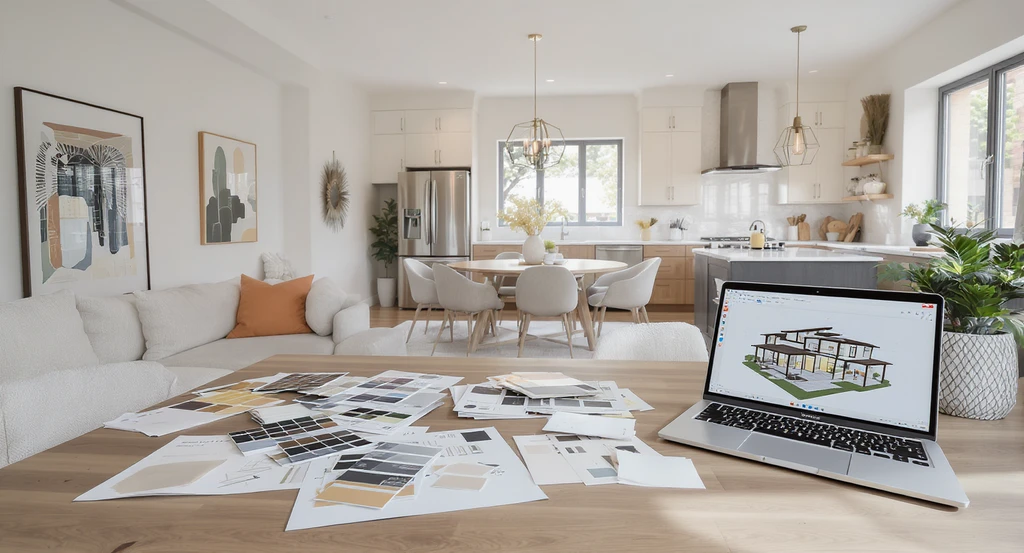 Natural light floods a cohesive, modern open-plan home with visible living, dining, and kitchen spaces. Sample boards and a laptop displaying REimagineHome’s visualization platform are on a central table, supporting how to make confident renovation decisions, room by room home design planning, and avoiding renovation regret with visualization tools.