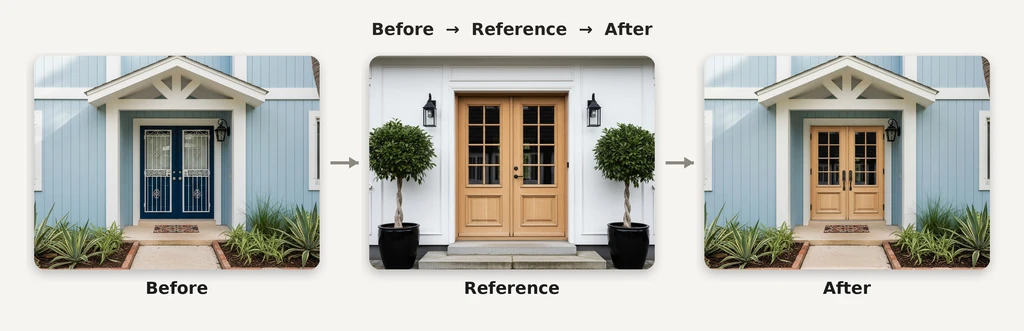 Three-panel collage showing an exterior door redesign journey, with the original blue front entry, a reference image featuring light wood double doors, and the final edited entry applying the same wood door style to the blue house.