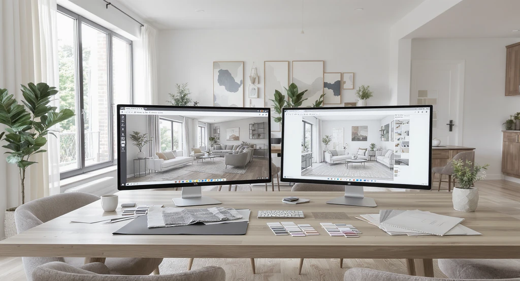 Modern living-dining space with dual monitors displaying visualization tools for room by room home design planning and avoiding renovation regret.