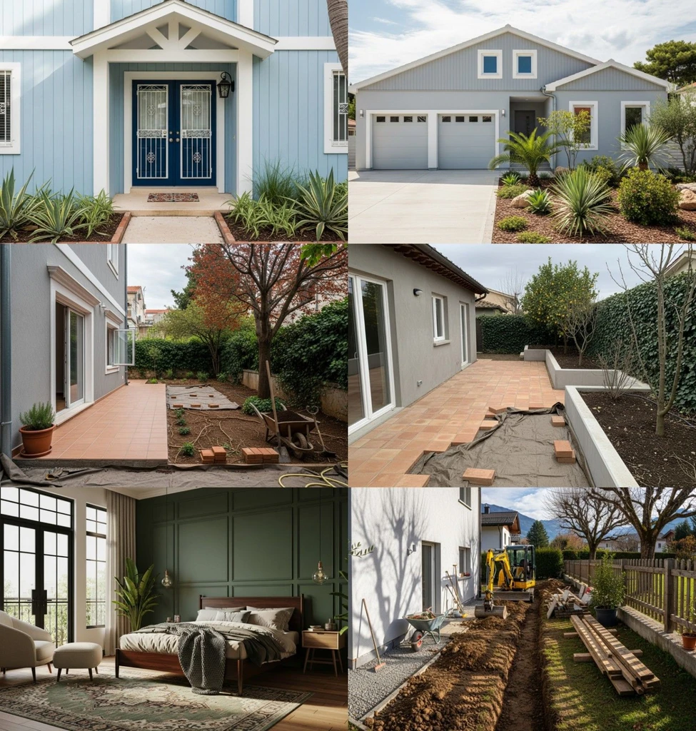 Six-image collage showing a home renovation journey, including a blue front entry, a full exterior facade, backyard patio progress, landscaped yard updates, a finished bedroom design, and active side-yard construction.