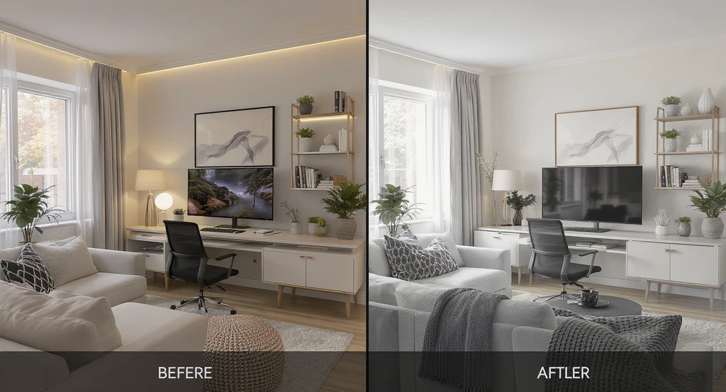 How to use reference photos for room design: A workspace shows a reference image of a modern living room and matching design outputs, illustrating tips for cohesive design with reference photos.