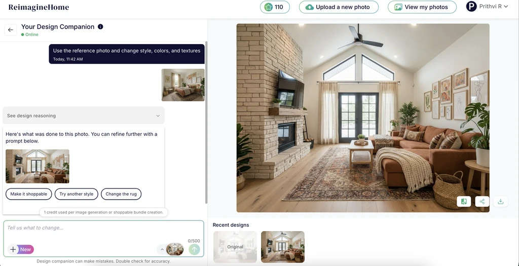 REimagineHome interface showing a living room redesign generated from a reference photo prompt, with the chat prompt and reference image on the left and the styled output displayed on the right.