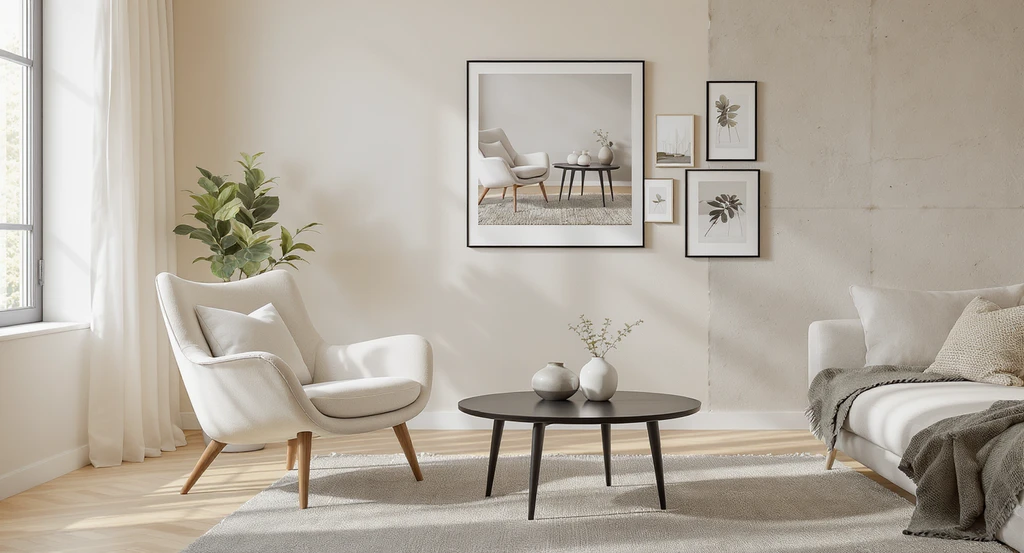 Modern living room with actual furniture matched to a clipped reference photo, illustrating how to use reference photos for room design and visualizing furniture choices with design references. Editorial, high-resolution, photorealistic image for tips on cohesive design with reference photos and reducing decision fatigue in home decor planning.