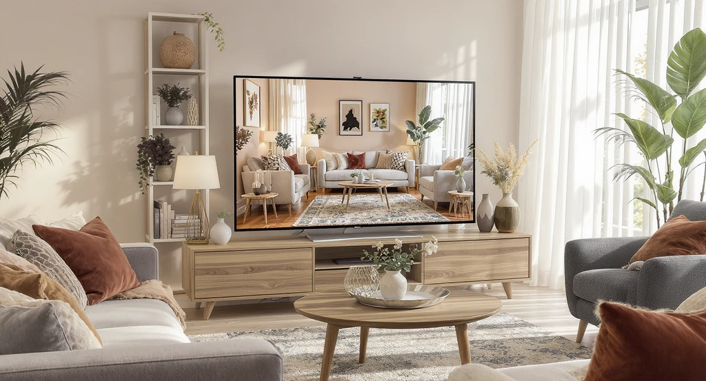 How to use reference photos for room design—living room setup mimics elements from a displayed inspiration image for cohesive home decor planning.