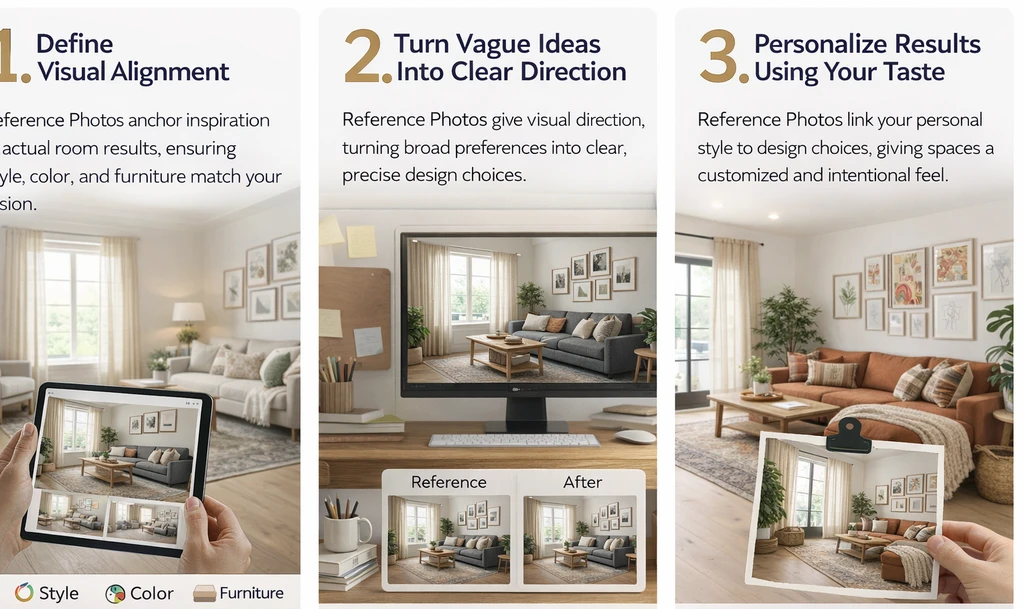 Three-panel visual explainer showing how reference photos guide interior design results by defining visual alignment, turning vague ideas into clear direction, and personalizing spaces to match a user’s taste.