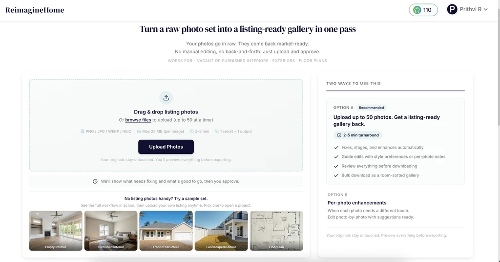 REimagineHome Smart Media Module interface showing batch listing photo upload for up to 50 images, with options for full-gallery processing or per-photo enhancements and sample listing categories below.
