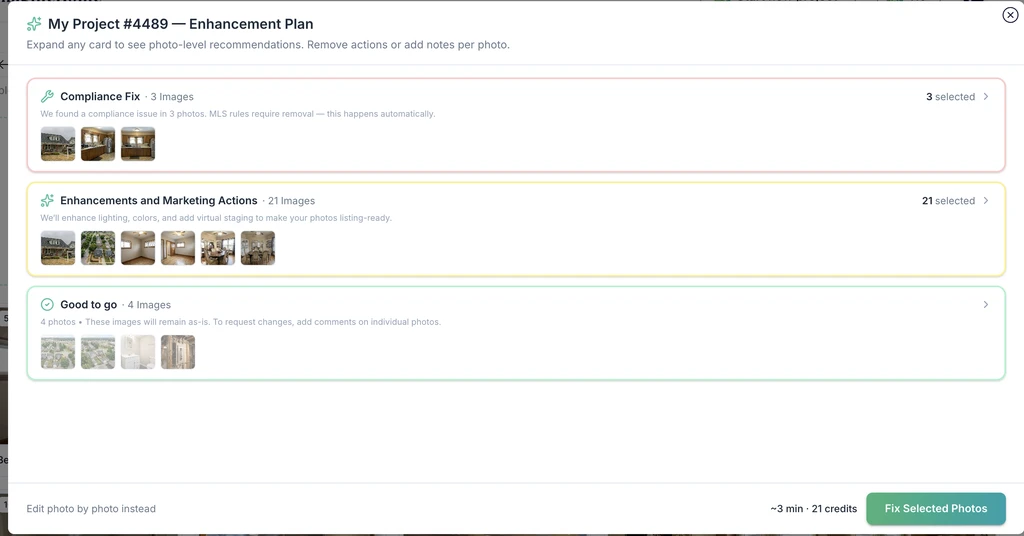 Smart Media Module enhancement plan showing uploaded listing photos grouped into Compliance Fix, Enhancements and Marketing Actions, and Good to Go categories.