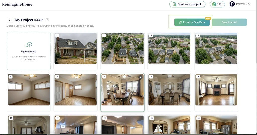 Smart Media Module project screen showing a batch of listing photos with the “Fix All in One Pass” option to process the full gallery at once.