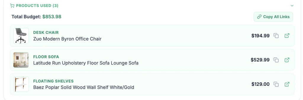 Shoppable product bundle for a small prayer and meditation room showing a desk chair, floor sofa, and floating shelves with a total budget of $853.98.