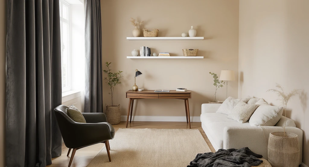 Modern multifunctional prayer and meditation room with floating shelves, a desk, a dark accent chair, and a white sofa in a compact spare room.
